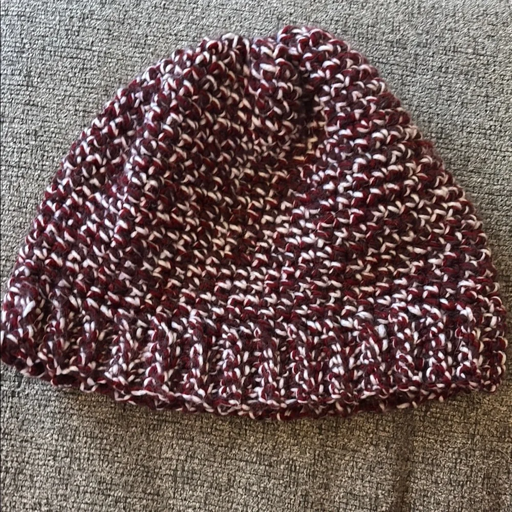Knit Beanie Handmade in Maroon and White - Picture 2 of 4
